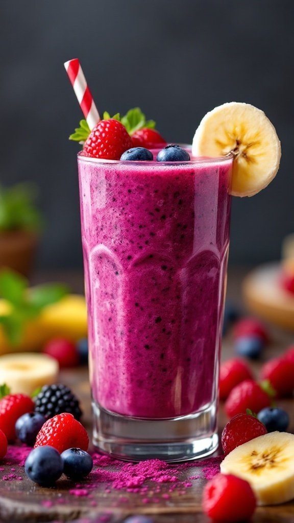 A vibrant purple smoothie in a glass, topped with fresh berries and a banana slice, with a striped straw.