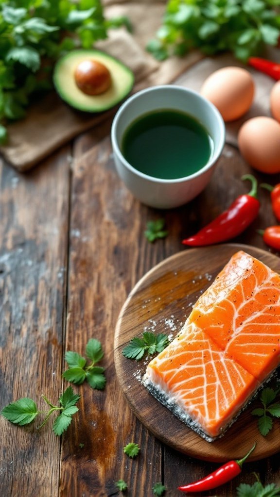 An assortment of healthy foods including avocados, eggs, chilies, and herbs on a wooden table.