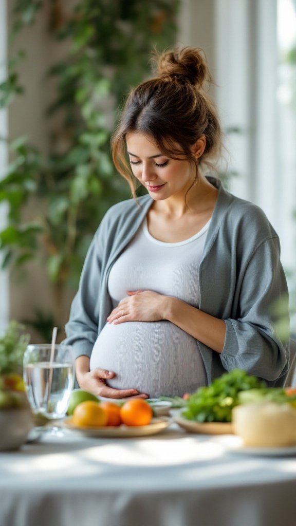 A pregnant woman looking at her belly while surrounded by fresh fruits and vegetables.
