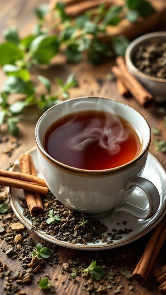 A cup of steaming herbal tea with cinnamon and various herbs beside it.