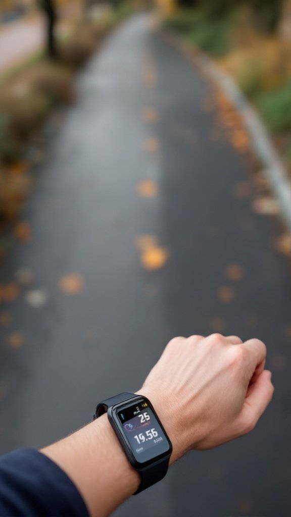 A close-up of a hand wearing a smartwatch while walking on a leaf-strewn path