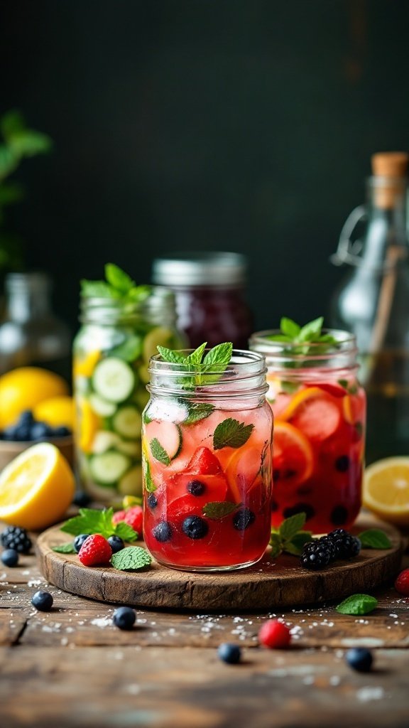 Colorful detox drinks with fruits and herbs in mason jars