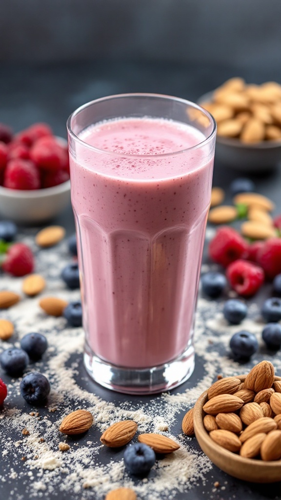 A glass of pink protein smoothie surrounded by almonds, blueberries, and raspberries.