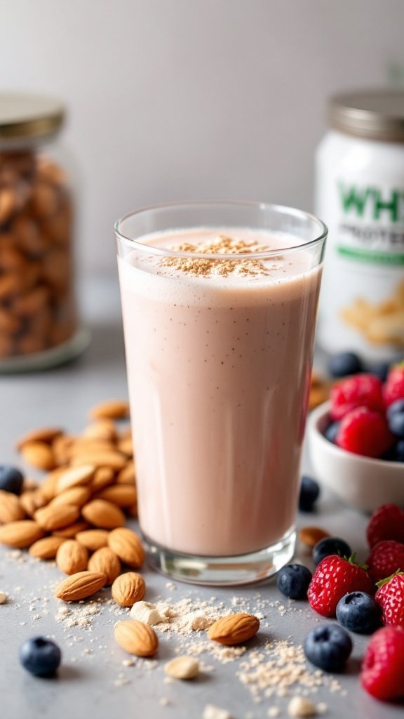 A glass of protein drink with almond and berry toppings