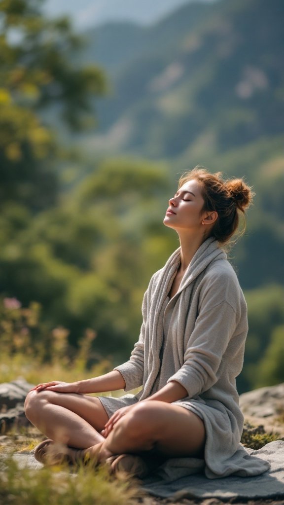 A woman meditating outdoors, embodying peace and mindfulness.