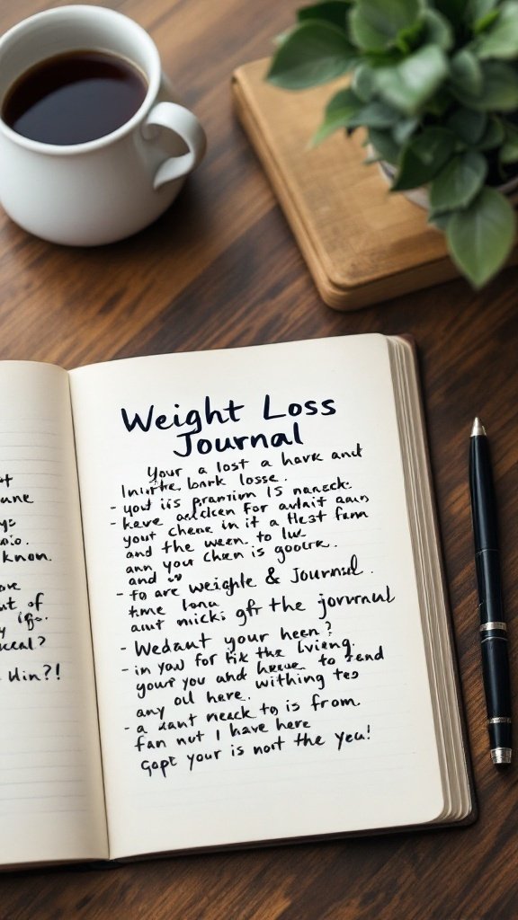 A weight loss journal opened on a table next to a cup of coffee.