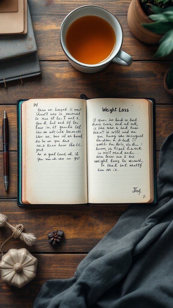 An open weight loss journal with handwritten notes, a cup of tea, and a cozy setting