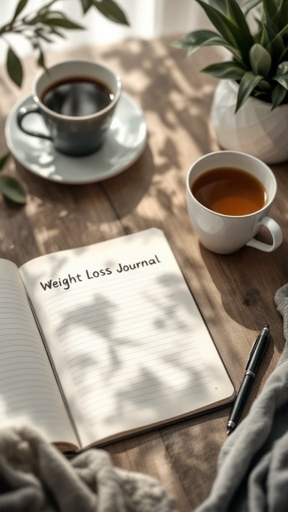An open weight loss journal with the title 'Weight Loss Journal' on a wooden table, surrounded by coffee cups and a small plant.