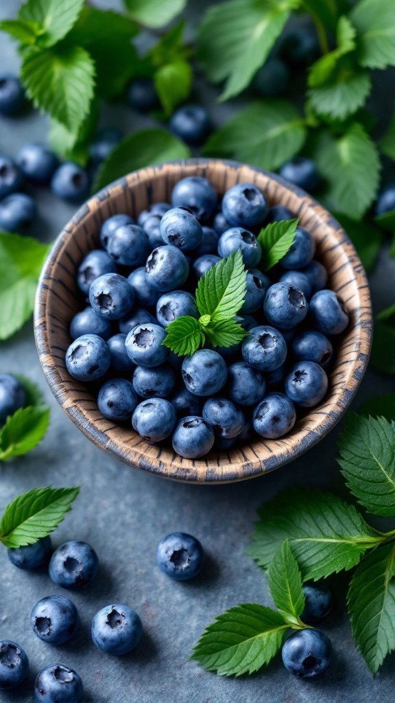 A bowl of fresh blueberries surrounded by mint leaves.