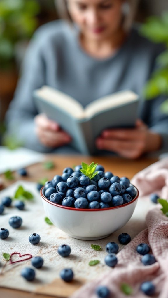 A bowl of fresh blueberries with a woman reading in the background, set in a cozy atmosphere.