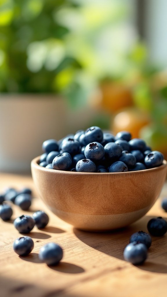 A bowl of fresh blueberries on a wooden table with some scattered blueberries.