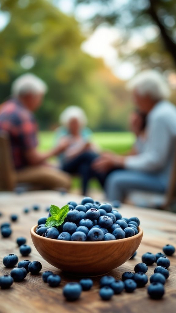 A bowl of blueberries on a wooden table, with older adults socializing in the background.