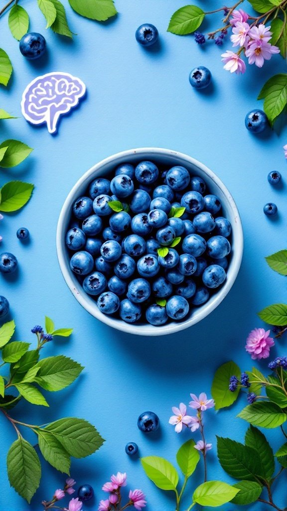 A bowl of fresh blueberries surrounded by leaves and flowers against a blue background
