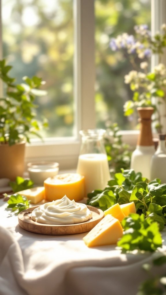 A table with cheese, yogurt, milk, and greenery, highlighting dietary options for calcium and vitamin D.