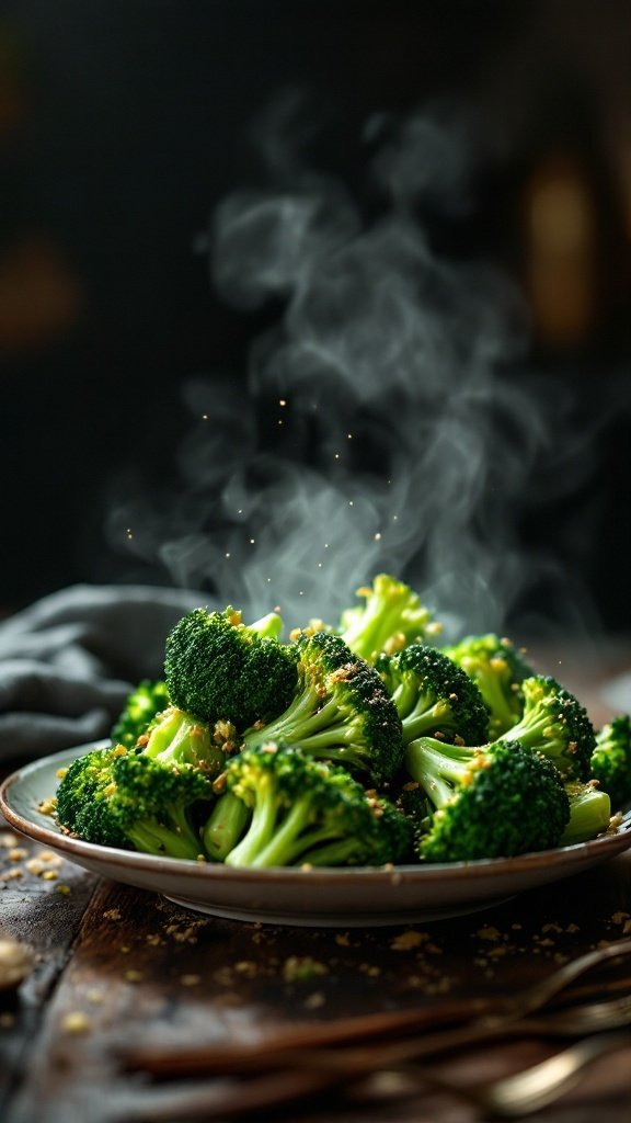 A plate of fresh steamed broccoli with steam rising from it, symbolizing health and nutrition.