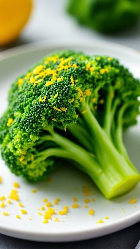Fresh broccoli on a plate with lemon zest sprinkled on top