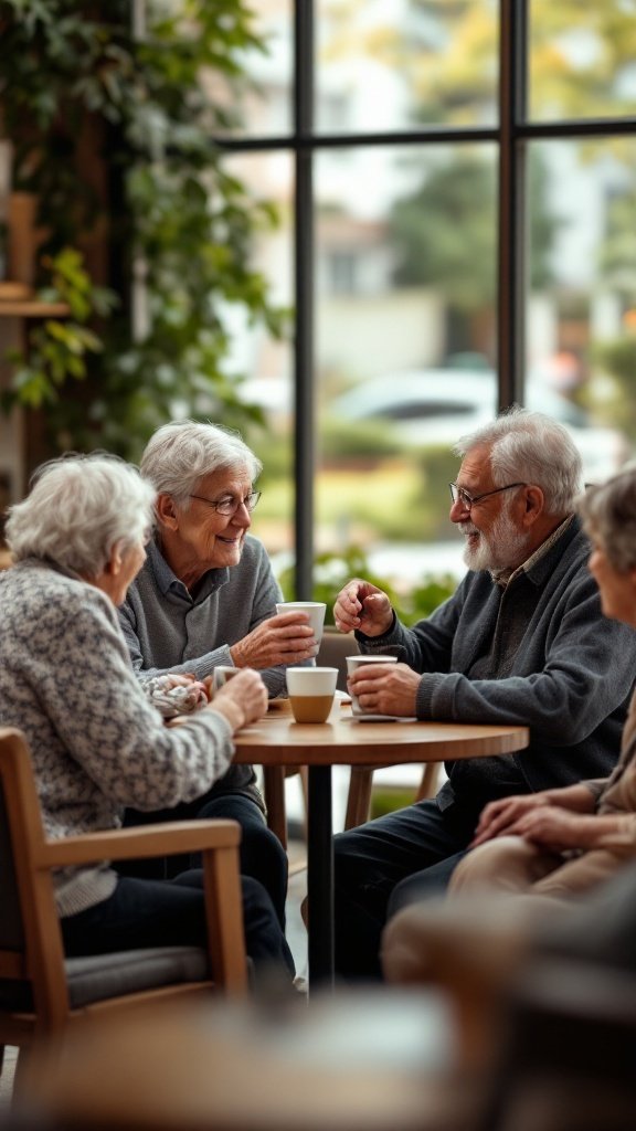 A group of senior individuals enjoying coffee and conversation in a cozy setting.
