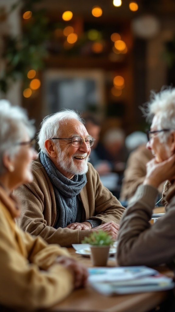 Seniors engaging in a cheerful conversation with a warm atmosphere