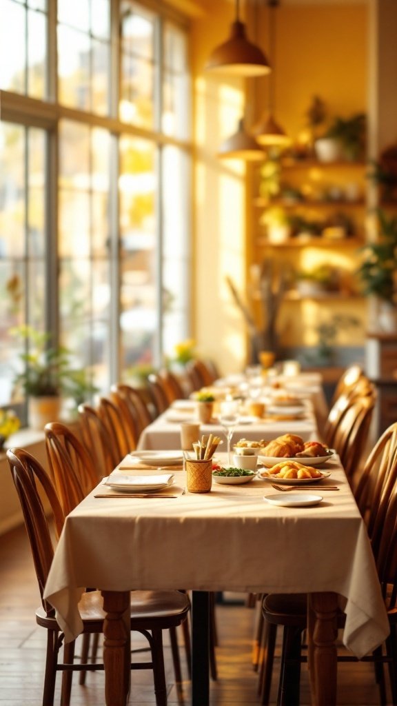 A bright dining area with a long table set for meal, surrounded by wooden chairs and natural light.
