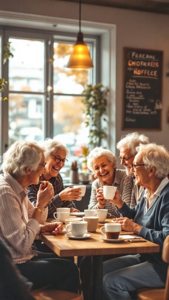 A group of seniors enjoying coffee and laughing together at a café.