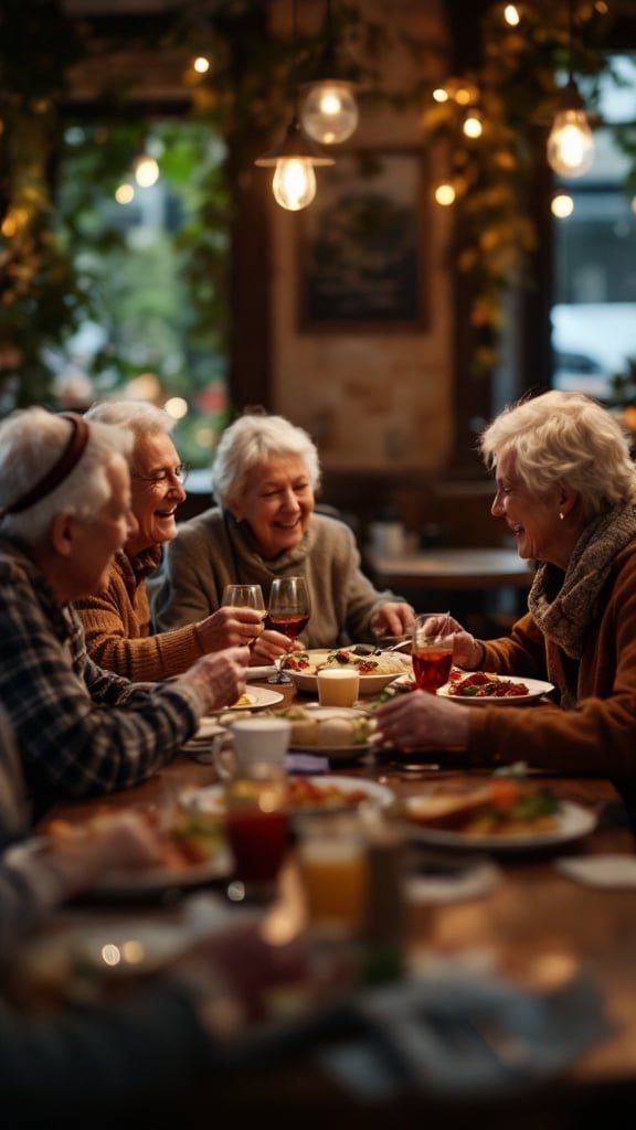 A group of older adults happily enjoying a meal together in a cozy restaurant setting.