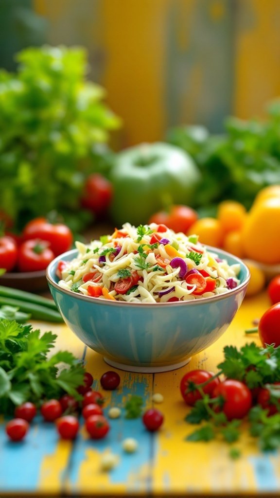 A colorful bowl of shredded cabbage salad surrounded by fresh vegetables