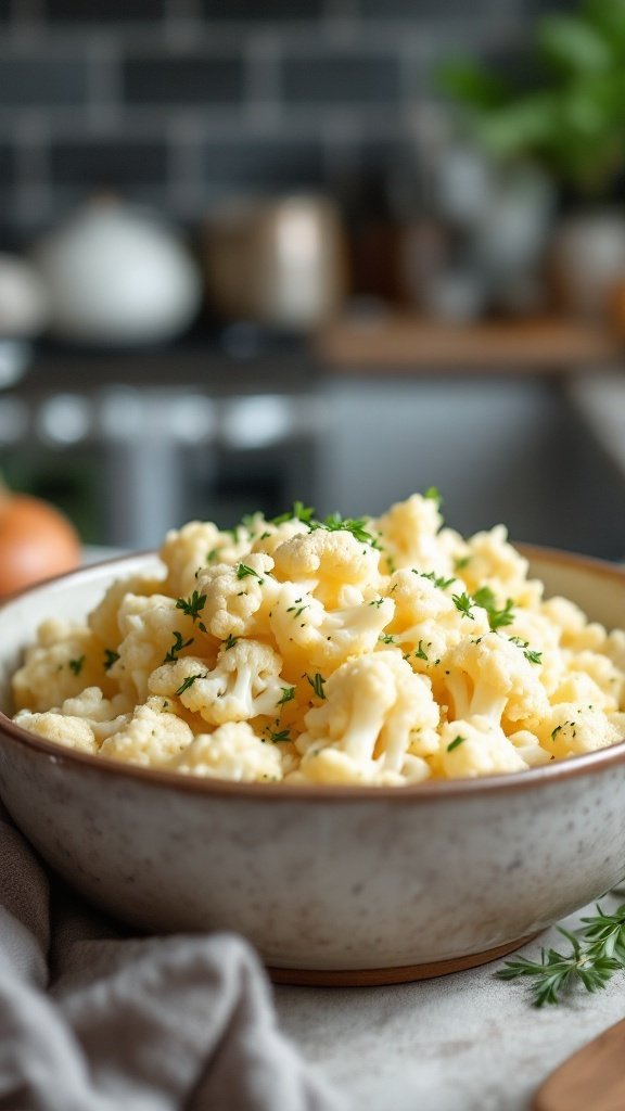 A bowl of cooked cauliflower garnished with herbs, showcasing its soft texture.