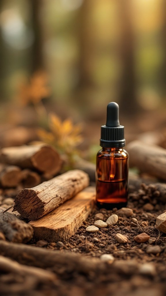 Cedarwood essential oil bottle surrounded by wood and stones in a natural setting