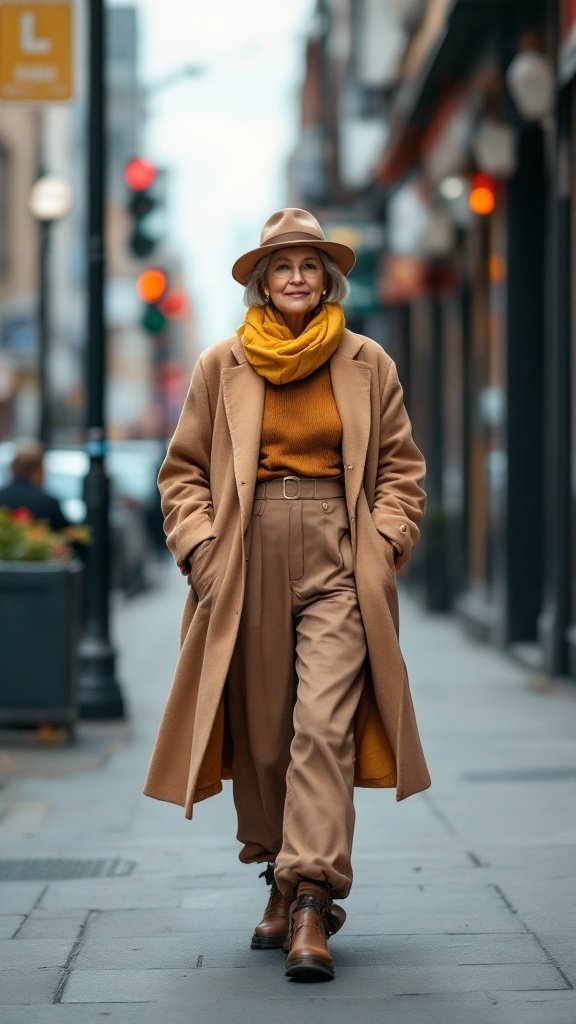 A fashionable senior woman walking confidently in a city setting, wearing a camel coat, mustard scarf, and stylish boots.