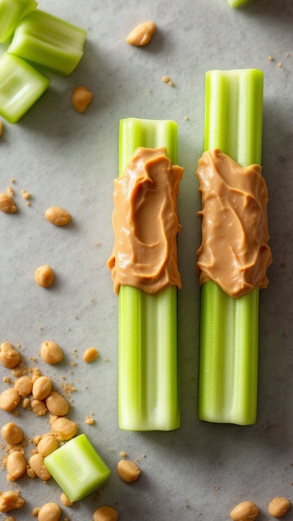 Celery sticks with peanut butter spread on them, surrounded by chopped celery and peanuts.