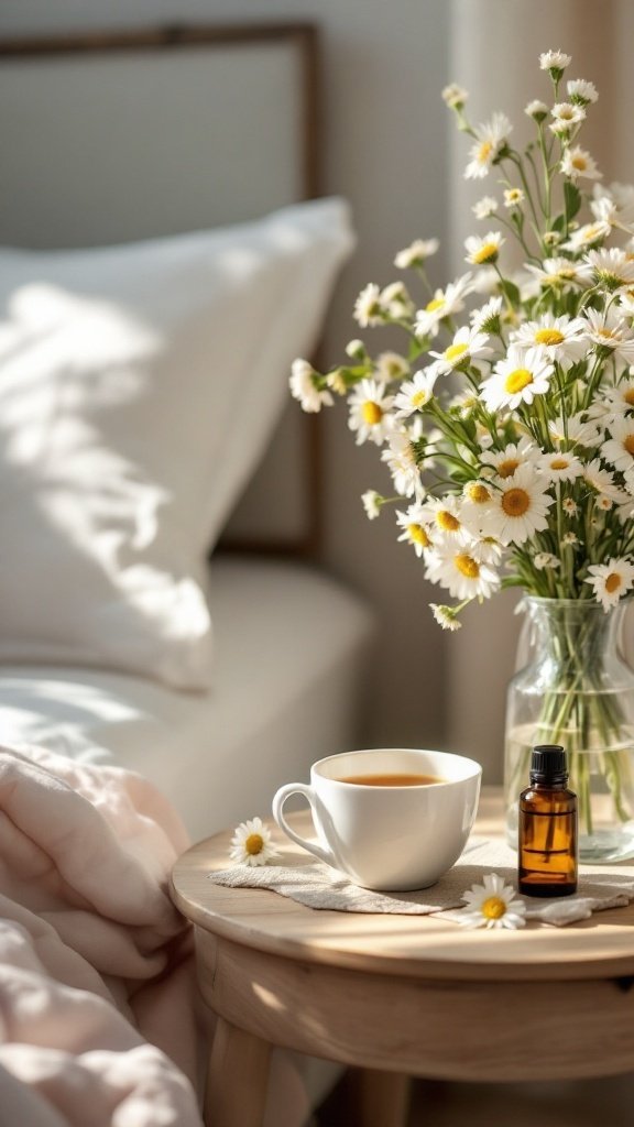 A cozy bedside scene featuring a cup of chamomile tea, a bottle of chamomile essential oil, and a vase of chamomile flowers.