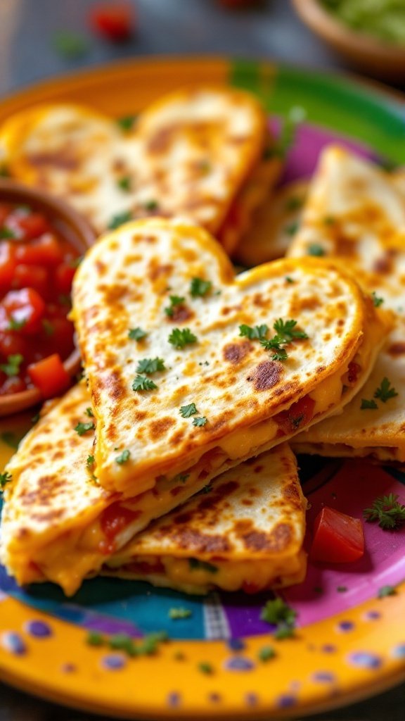 Heart-shaped quesadillas with salsa on a colorful plate, garnished with cilantro and tomatoes.