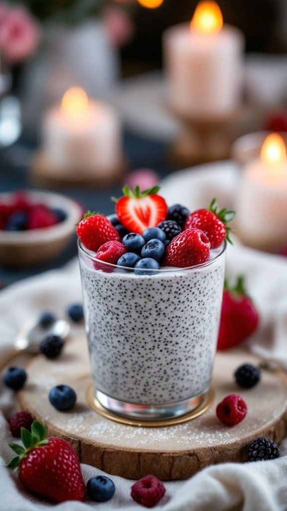 Chia seed pudding topped with fresh berries on a wooden table with candles in the background