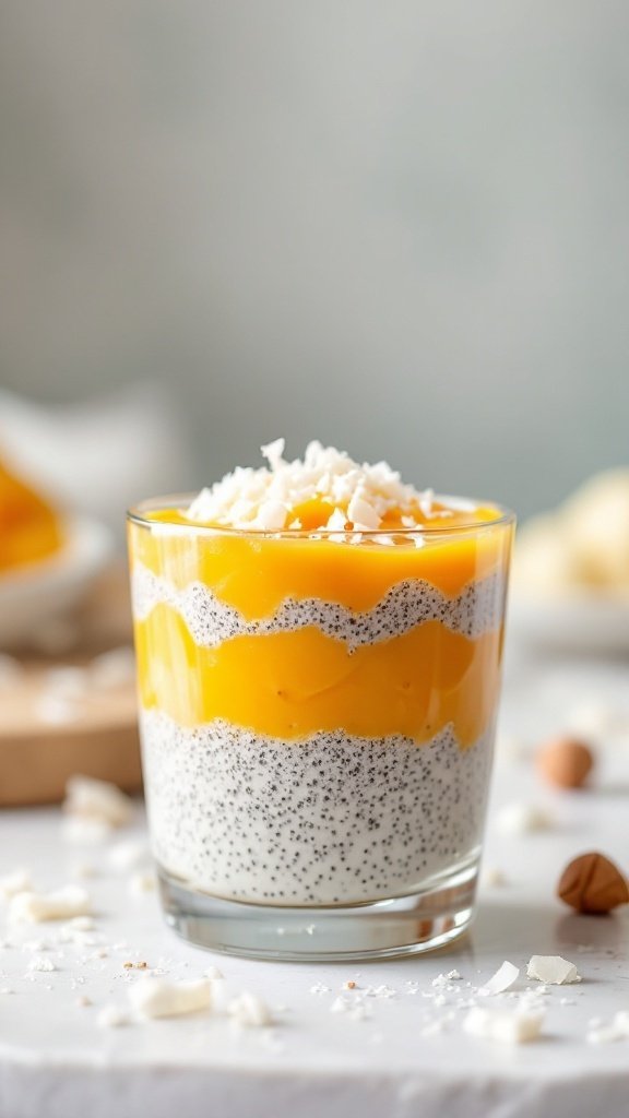 A glass of chia seed pudding layered with mango puree and topped with coconut flakes