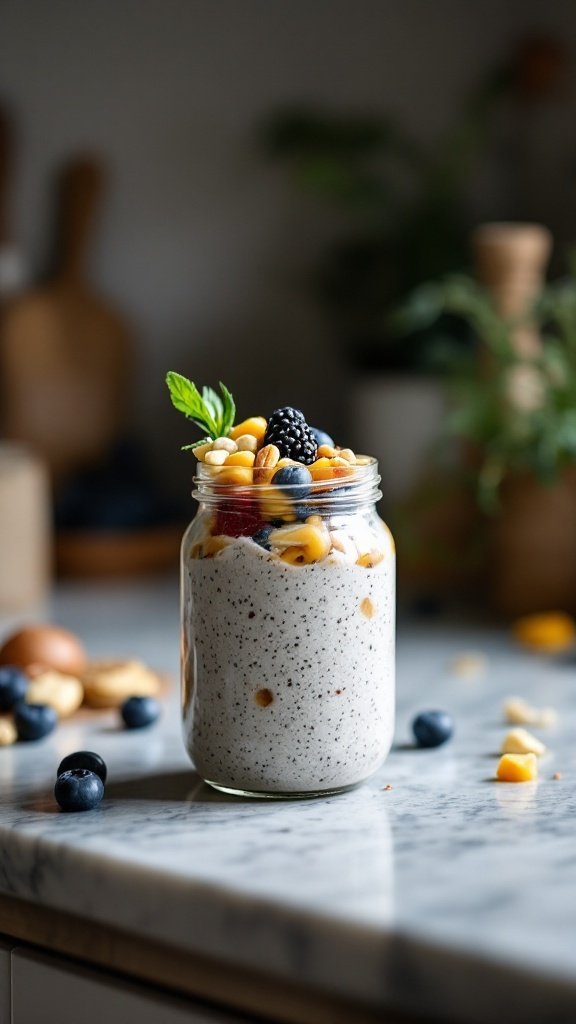 A jar of chia pudding topped with fruits, showcasing a healthy snack option.