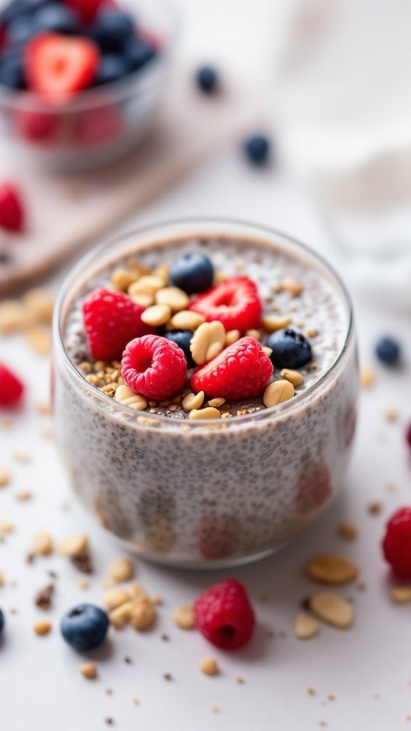 A bowl of chia seed pudding topped with raspberries, blueberries, and pine nuts