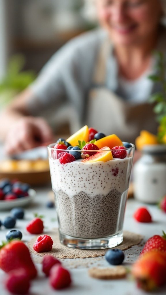 A glass of chia seed pudding topped with raspberries, blueberries, and mango, with a blurred image of a smiling senior in the background.