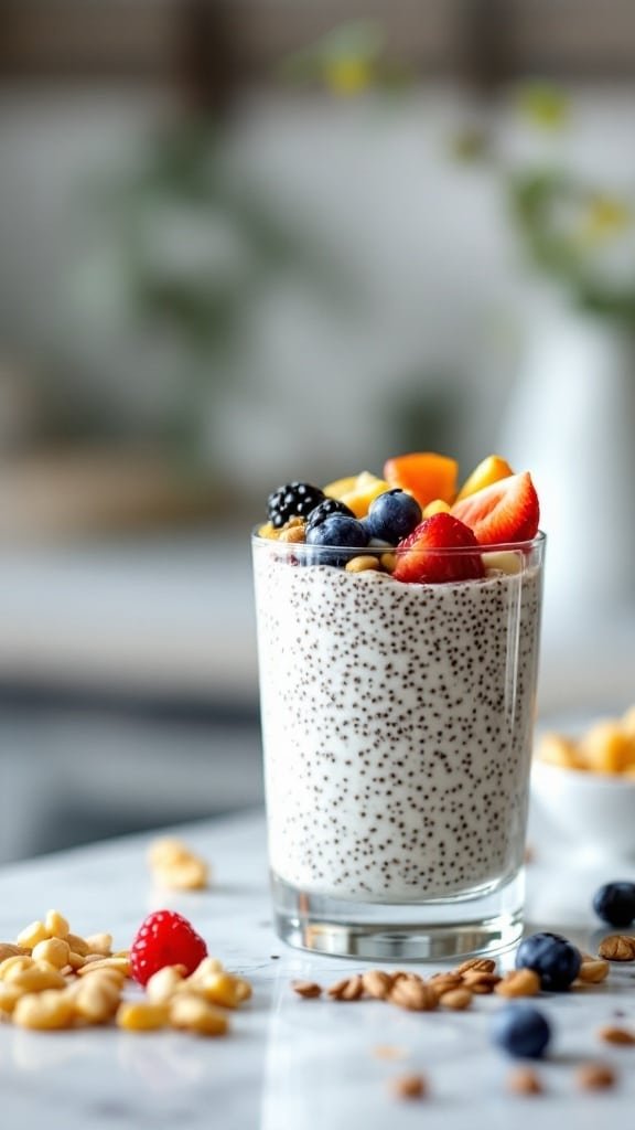 A glass of chia seed pudding topped with berries and fruit, surrounded by nuts on a countertop.