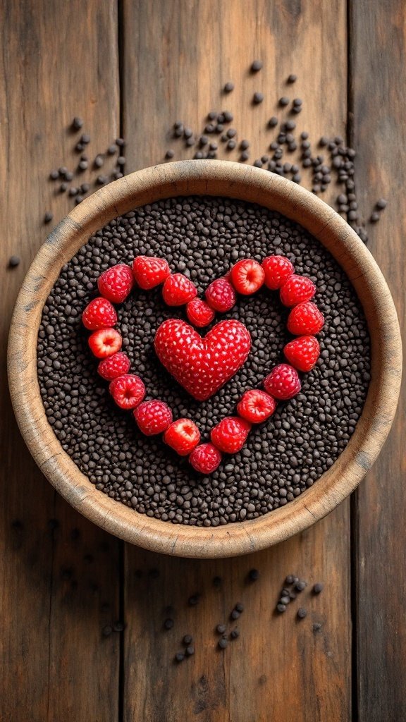 A bowl filled with chia seeds, with fresh berries arranged in the shape of a heart.
