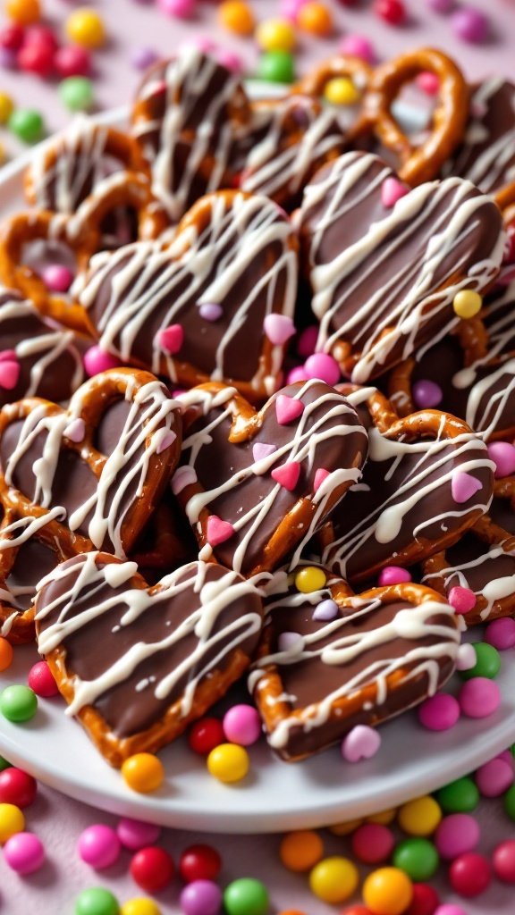 A plate of chocolate-covered pretzel hearts decorated with colorful sprinkles and surrounded by candy.