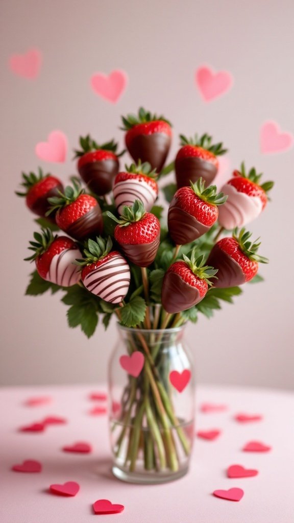 A beautiful bouquet of chocolate-dipped strawberries in a vase, surrounded by heart-shaped decorations.