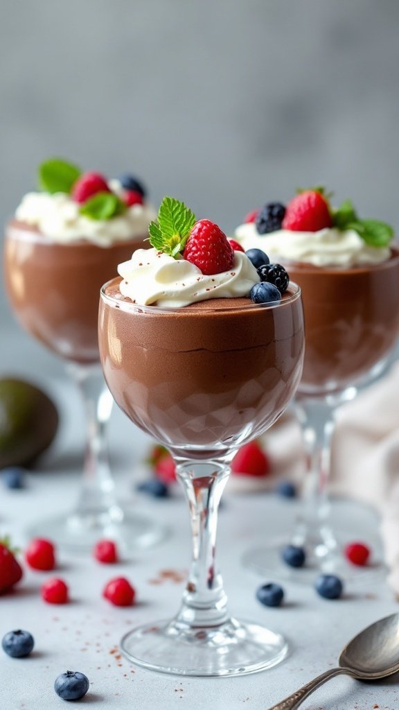 Chocolate avocado mousse served in elegant glasses, topped with whipped cream and fresh berries.