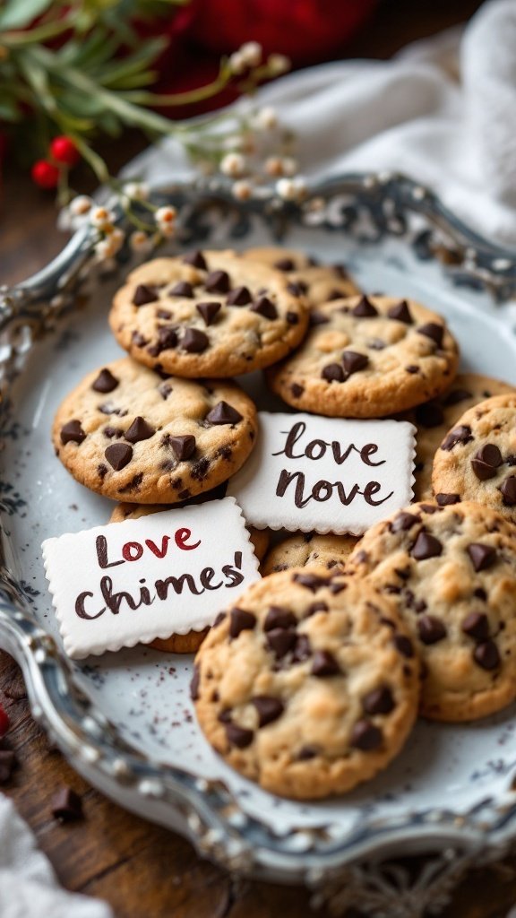 A plate of chocolate chip cookies with love notes labeled 'Love Chimes' and 'Love Nove'.
