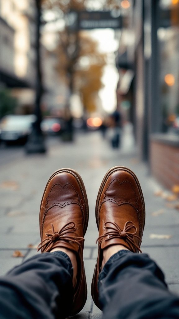 A close-up of stylish brown shoes worn on a city street.