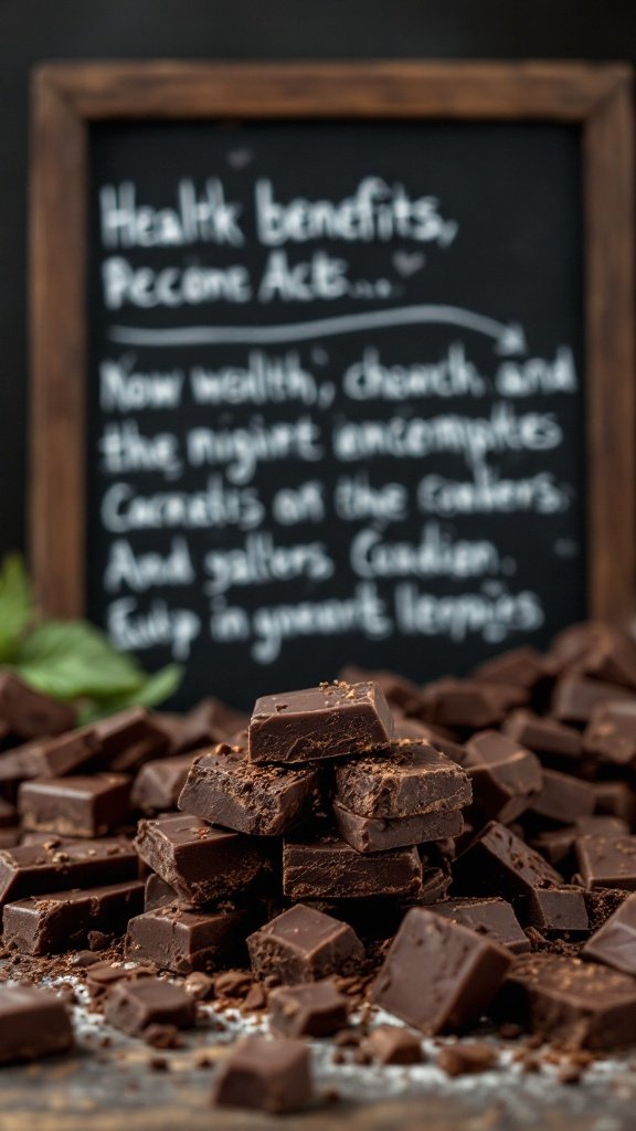 A pile of dark chocolate squares in front of a chalkboard listing health benefits.