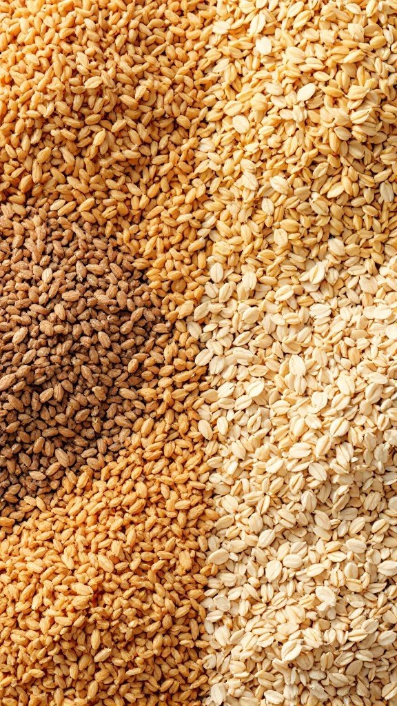 Variety of whole grains including oats, barley, and sesame seeds.