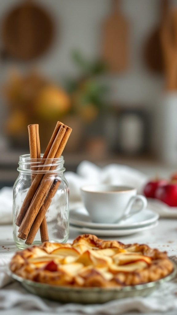A jar of cinnamon sticks next to a pie and a cup of coffee.