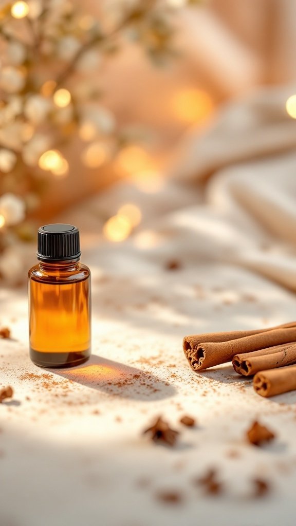 A bottle of cinnamon essential oil surrounded by cinnamon sticks and sprinkled cinnamon powder.