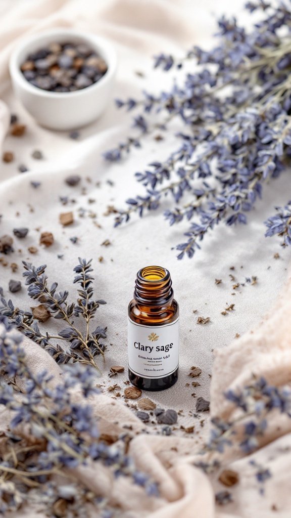 A bottle of Clary Sage essential oil surrounded by dried lavender and natural elements, showcasing its calming and soothing properties.