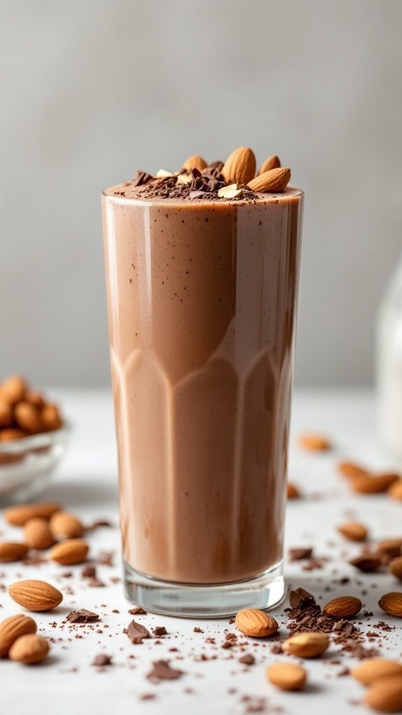 A glass of Cocoa Almond Dream smoothie topped with almonds and chocolate shavings, surrounded by scattered almonds and chocolate pieces.